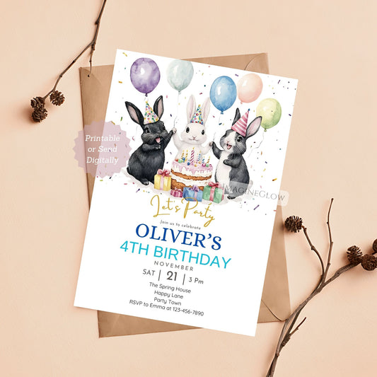 Three bunnies birthday invitation for kids