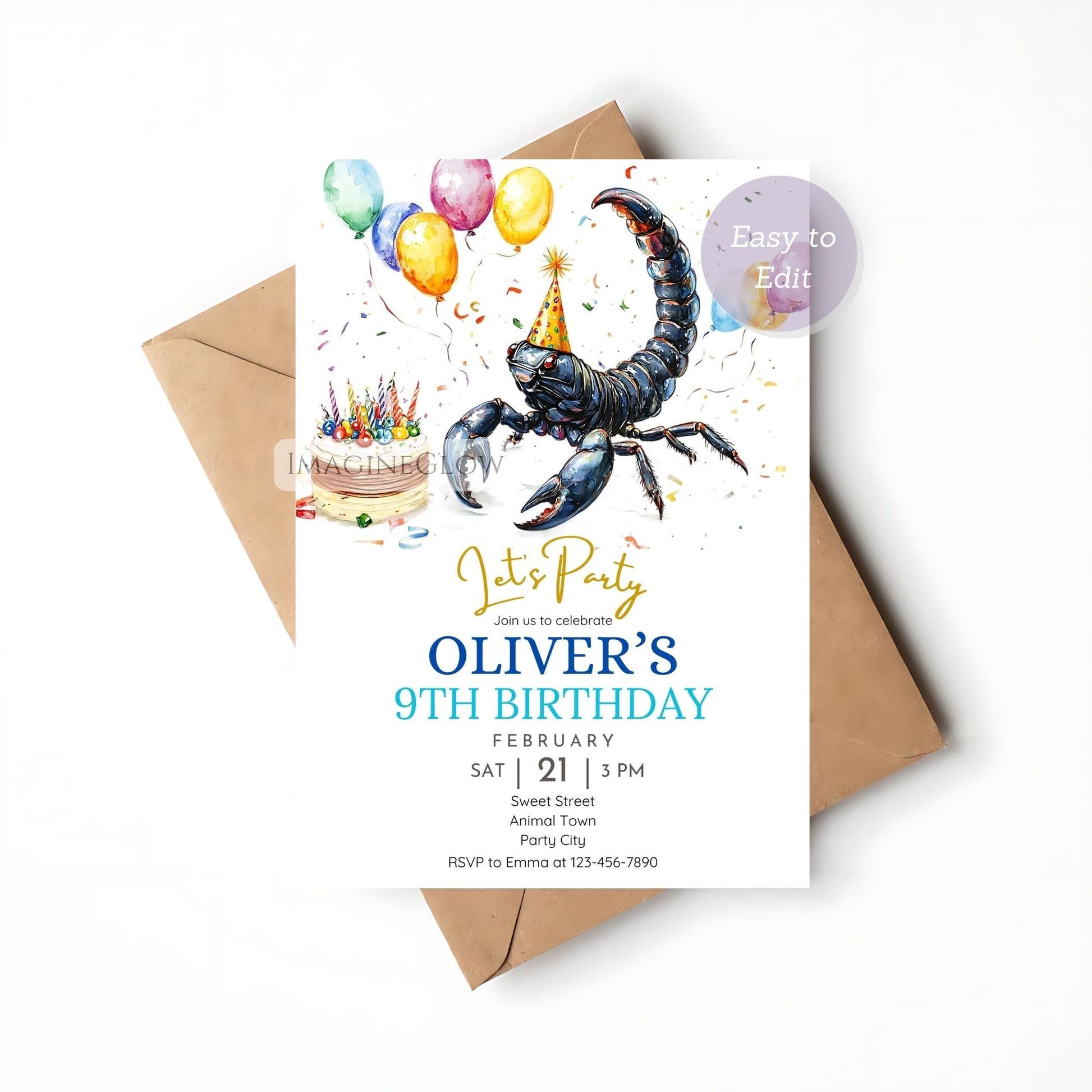 Printable scorpion-themed birthday invitation