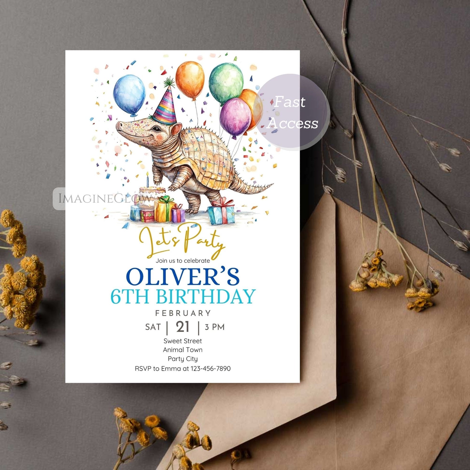 Whimsical armadillo invite for toddlers
Gender neutral armadillo birthday card