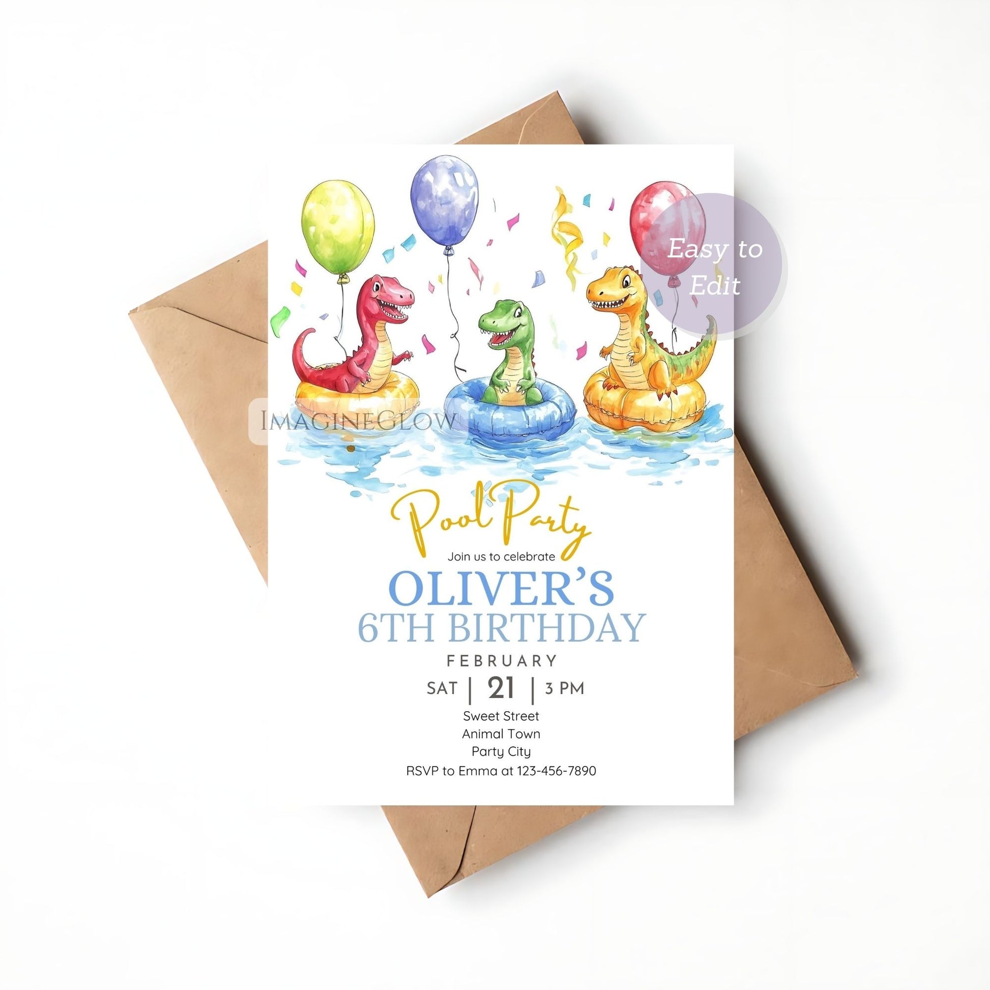 Editable dino water party birthday invite
Cute dinosaur floaties pool party card