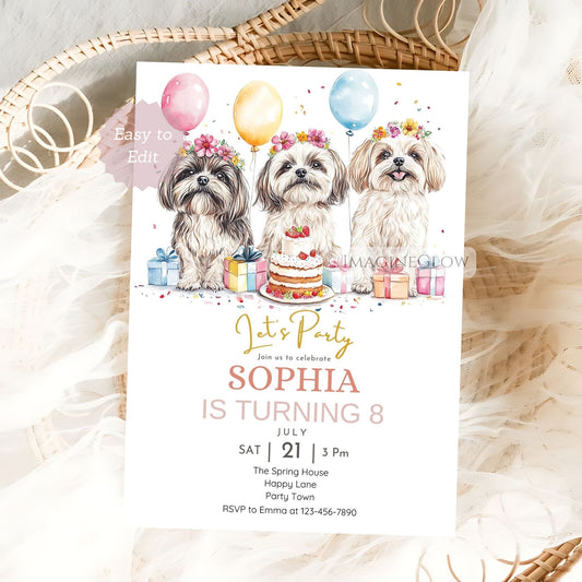 Shih Tzu birthday invitation with wildflowers