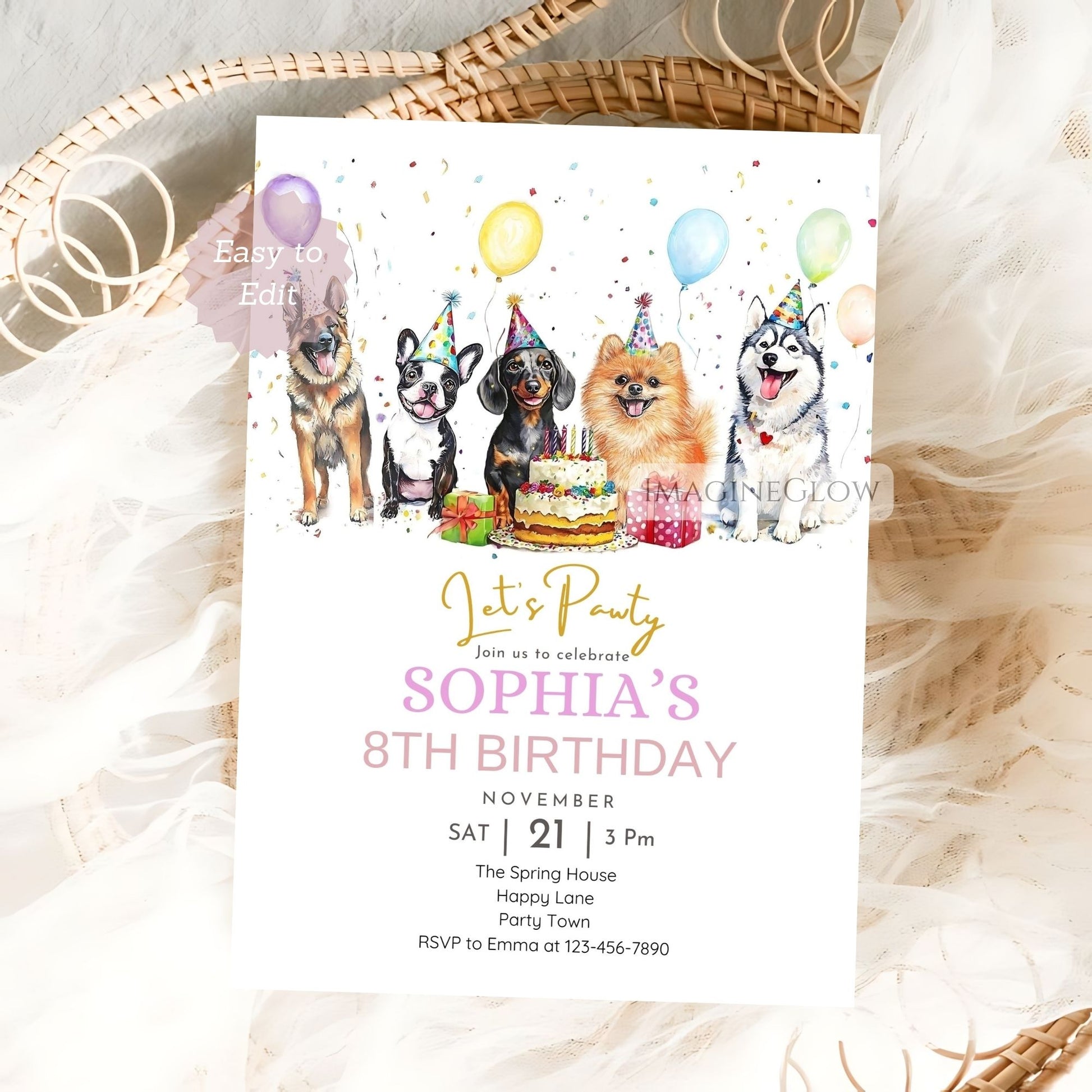 Fun five dogs birthday invitation editable in Canva