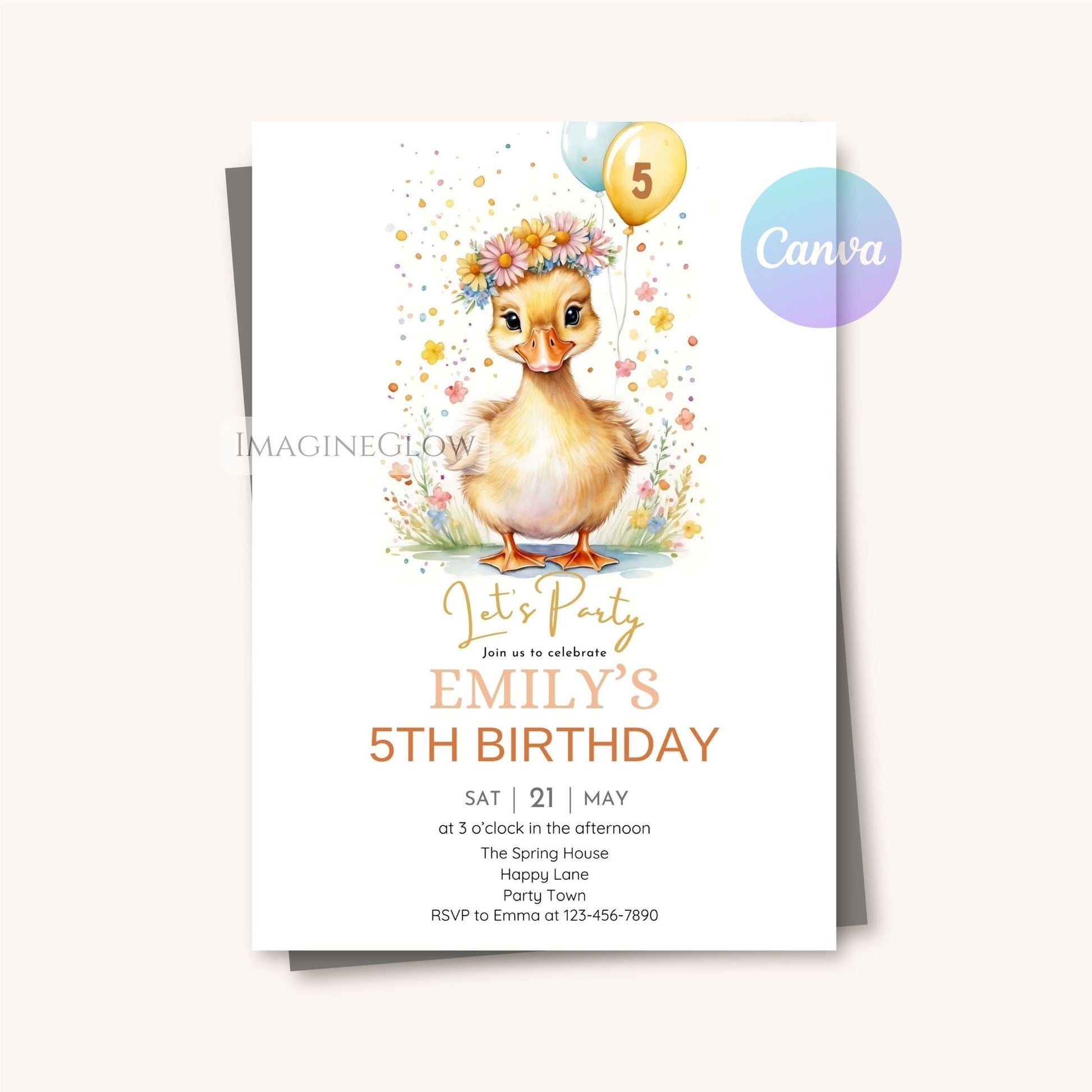 Whimsical yellow duck birthday party card