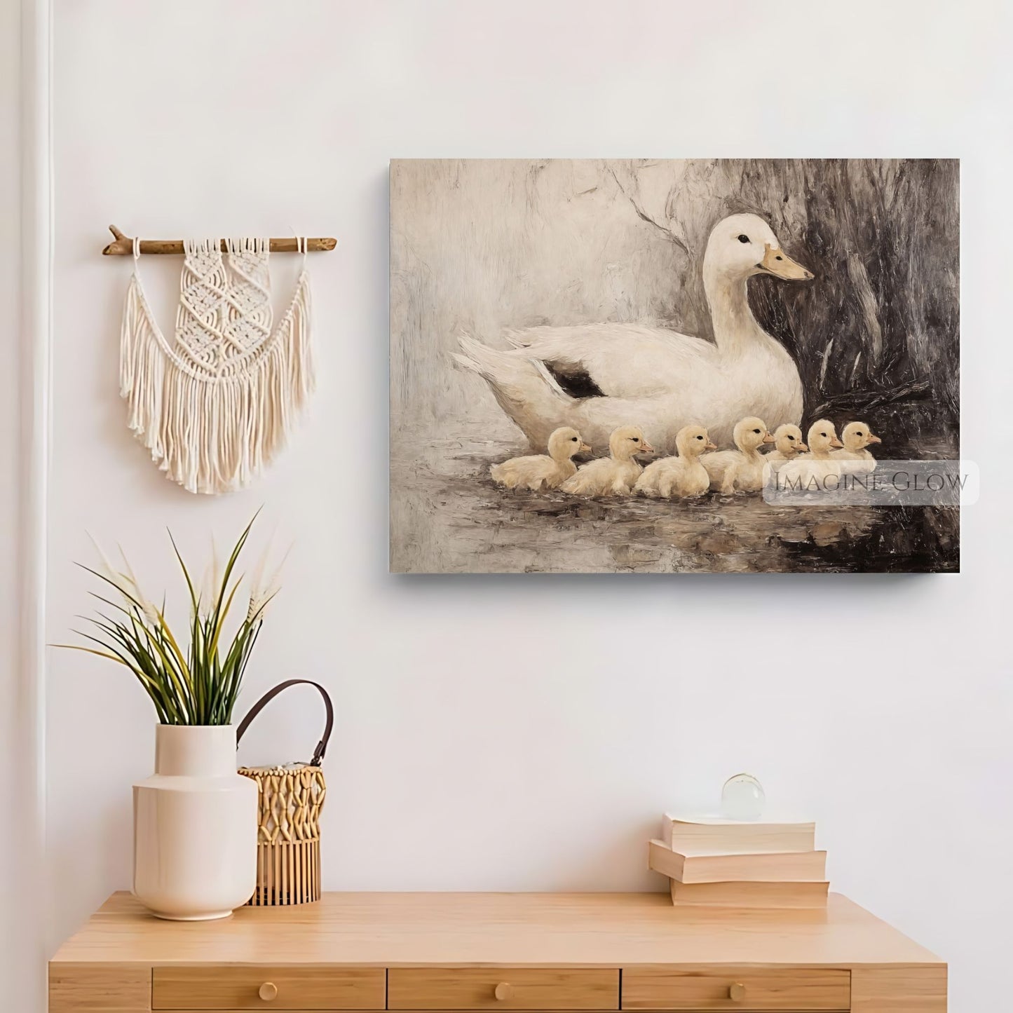 Oil painting of waterfowl in a pond
