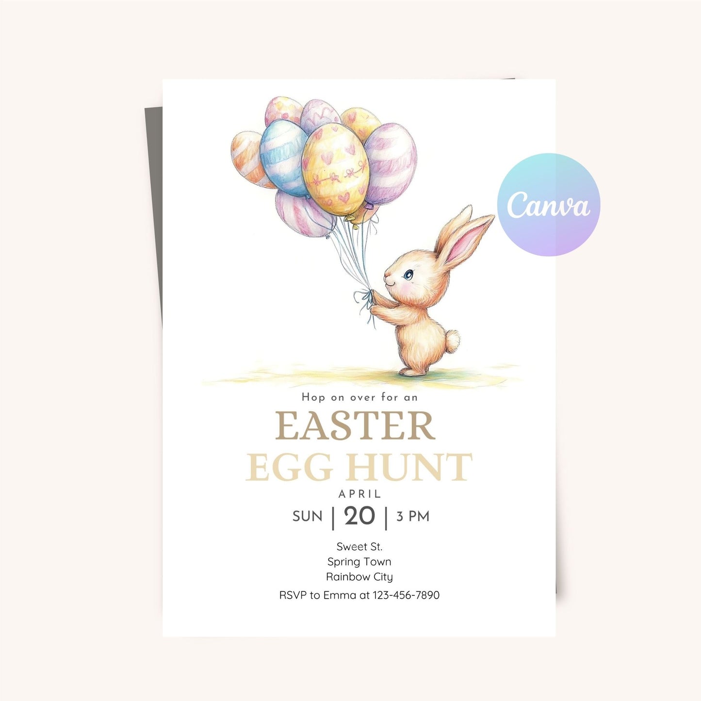 Whimsical bunny Easter party invite with floating balloons.