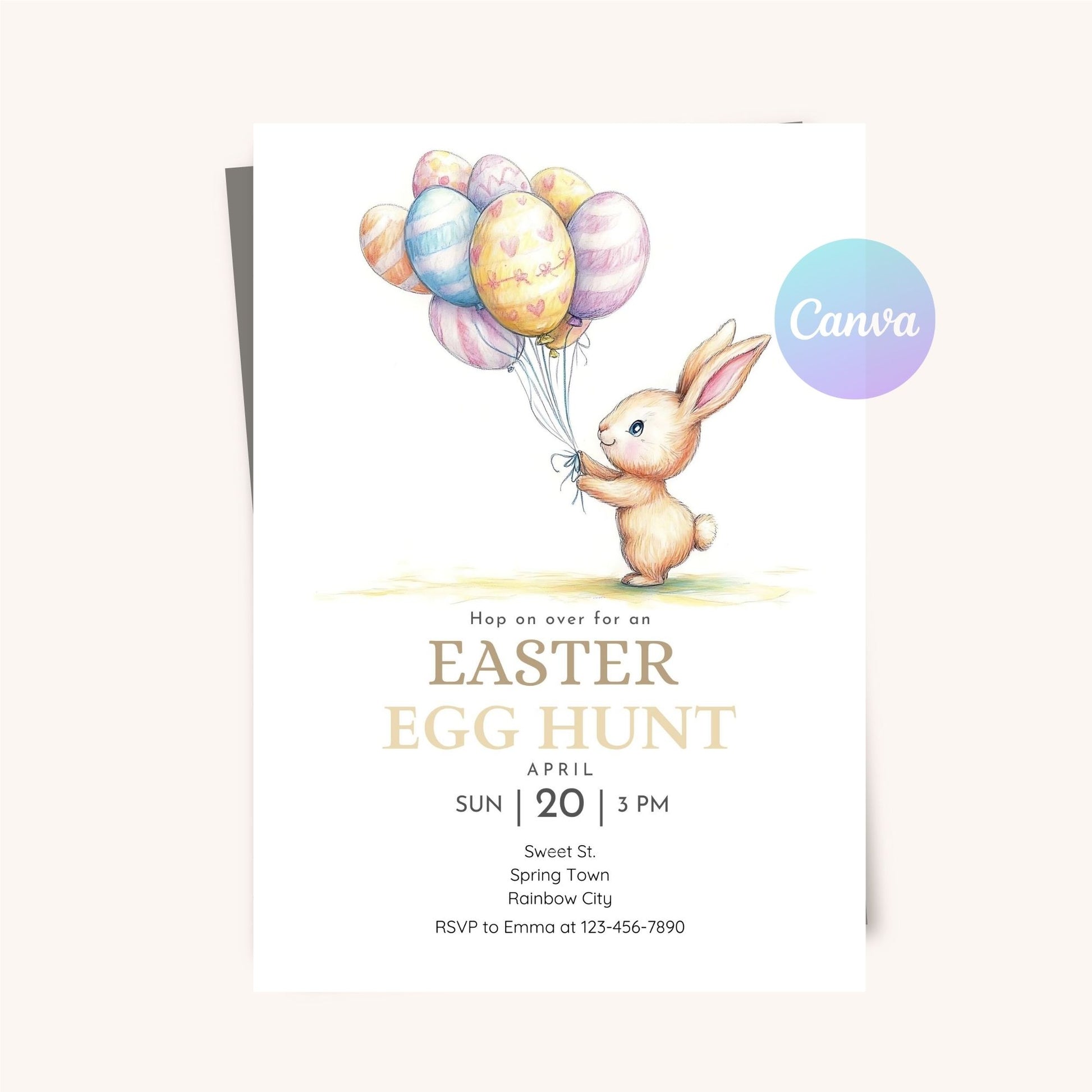Whimsical bunny Easter party invite with floating balloons.