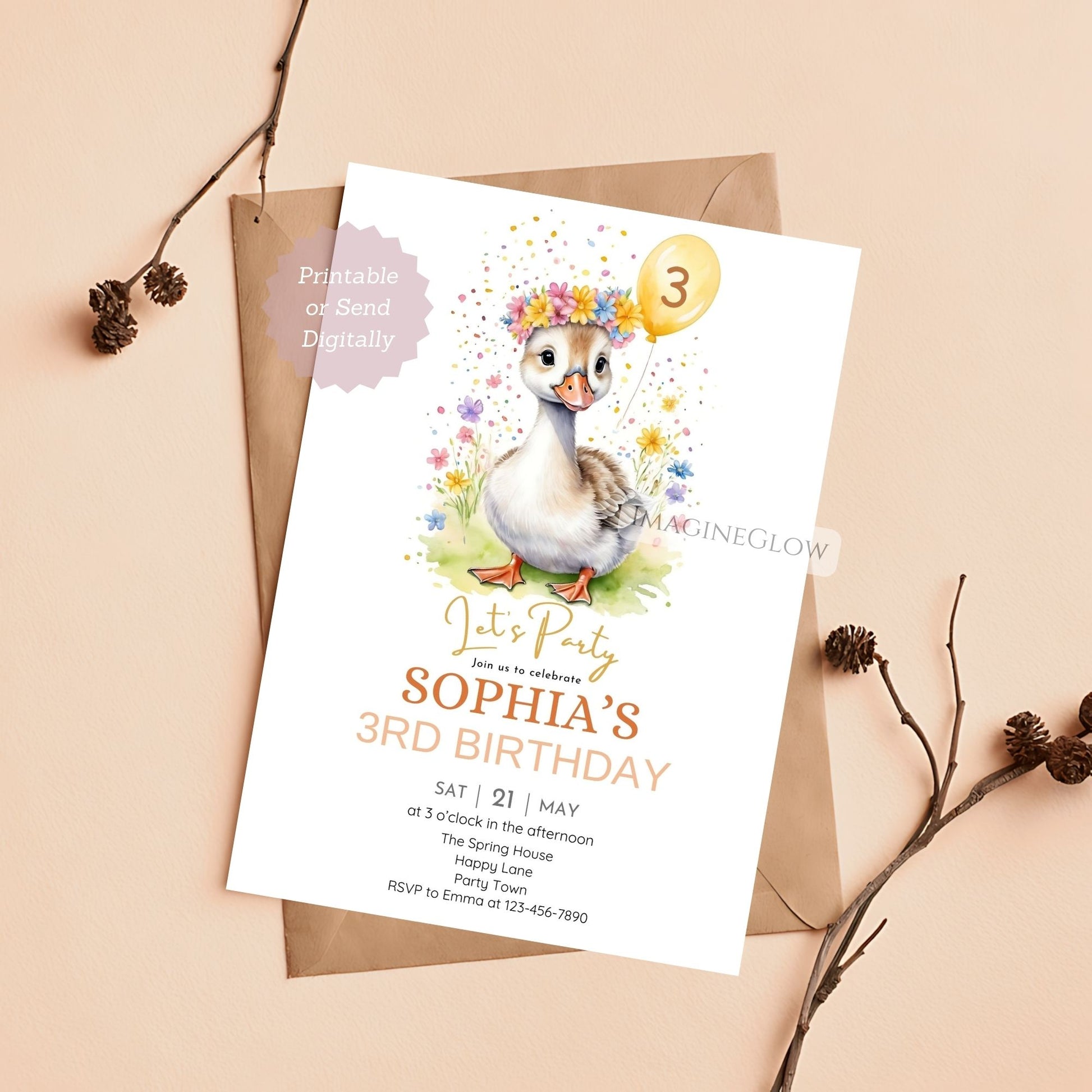 Rustic goose birthday card with flowers
Wildflower themed birthday party invite