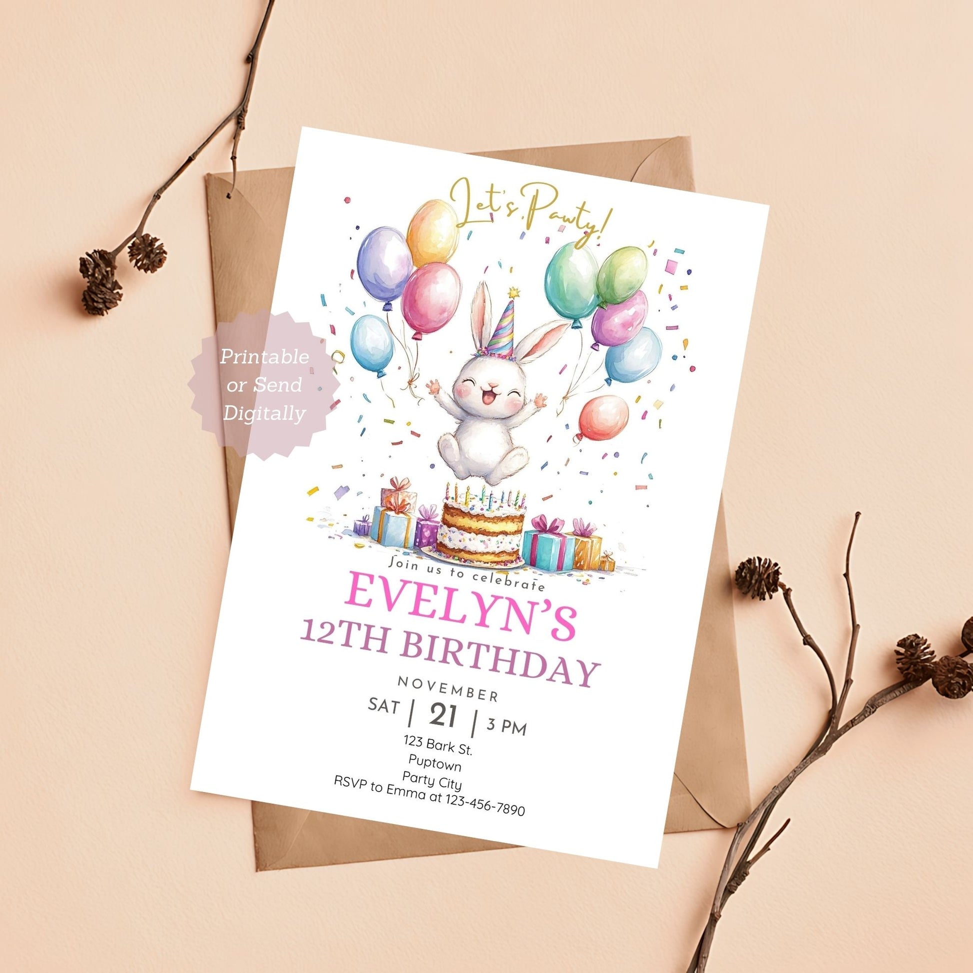 Bunny with balloons party invitation for kids’ birthdays.