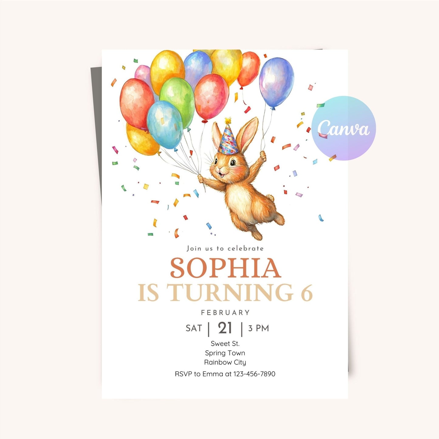 Sweet bunny birthday invitation with pastel balloons.