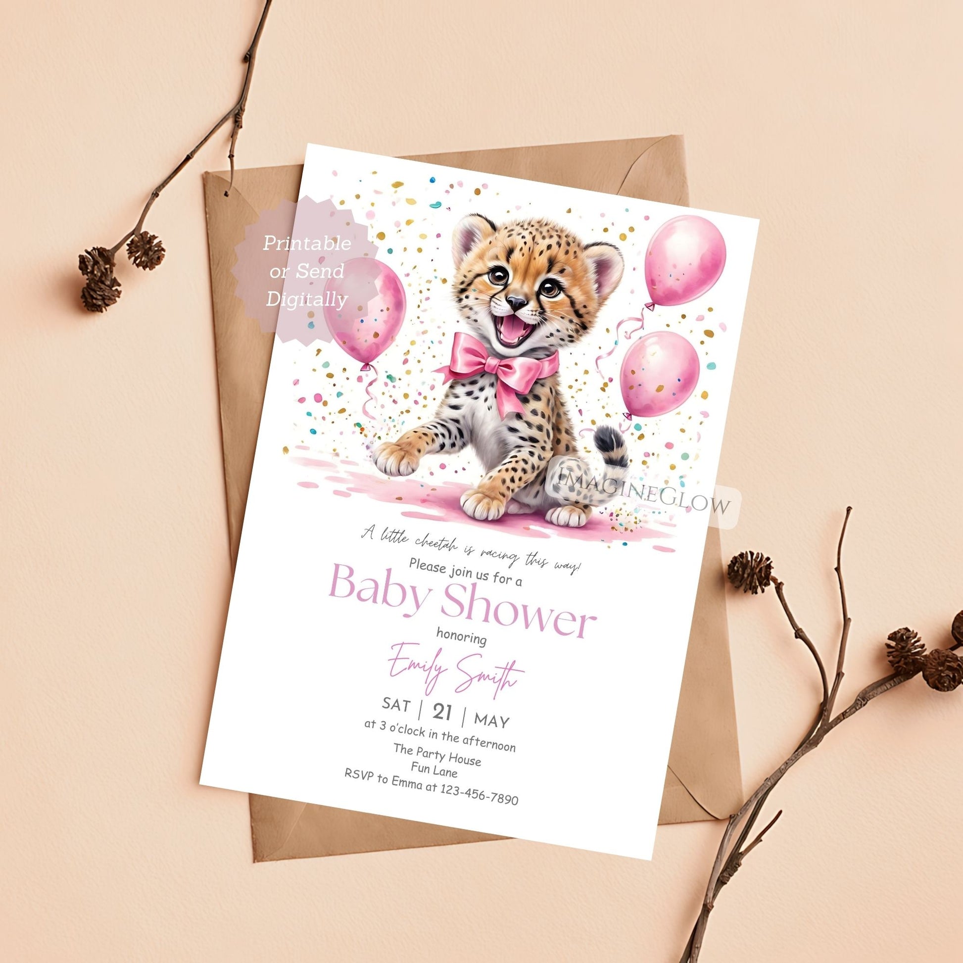Safari inspired baby shower invitation with cheetah art
Cheetah baby shower invite for modern rustic celebration