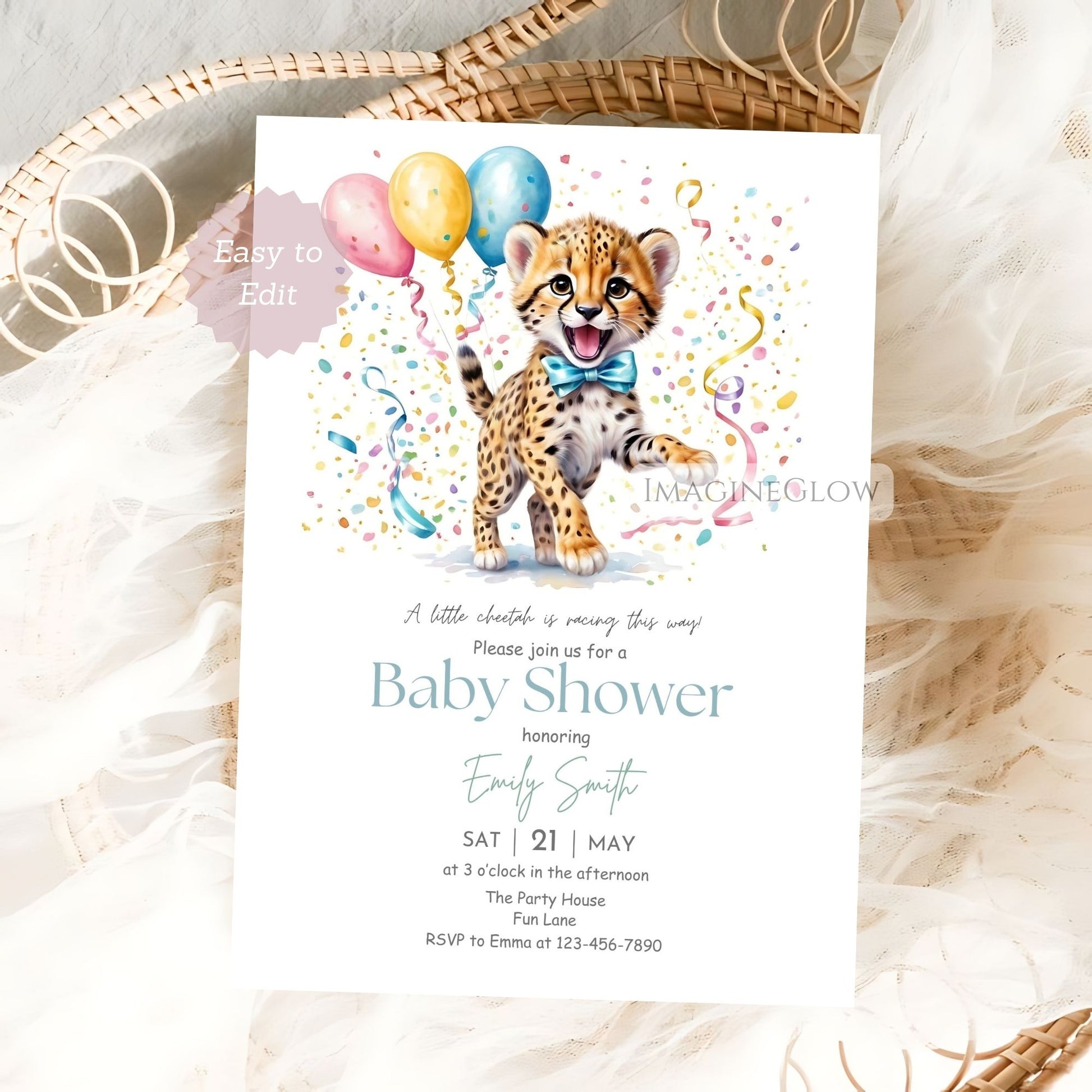 Digital cheetah baby boy party invitation
Tropical cheetah baby shower invite for boy