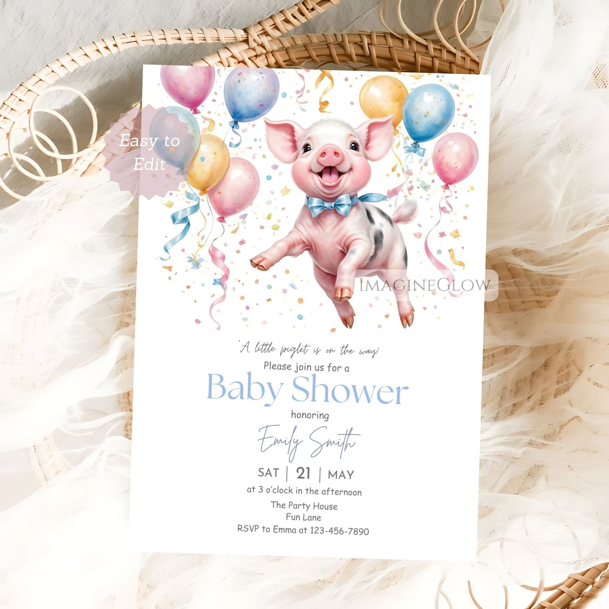 Cute piglet baby shower invitation with a playful pig design