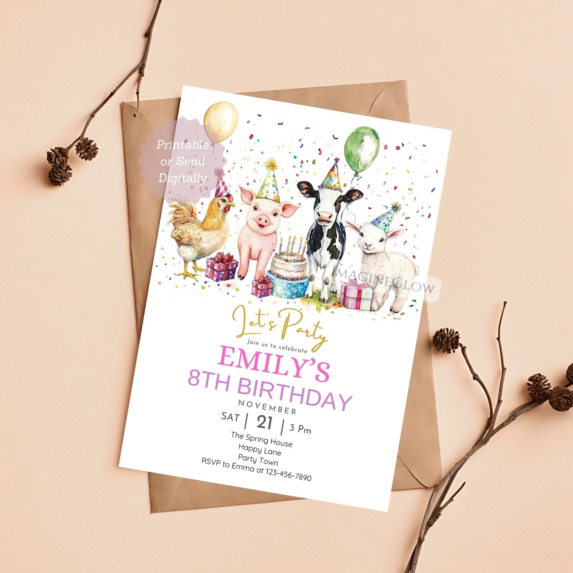 Farm animal birthday invitation with pig lamb hen cow
