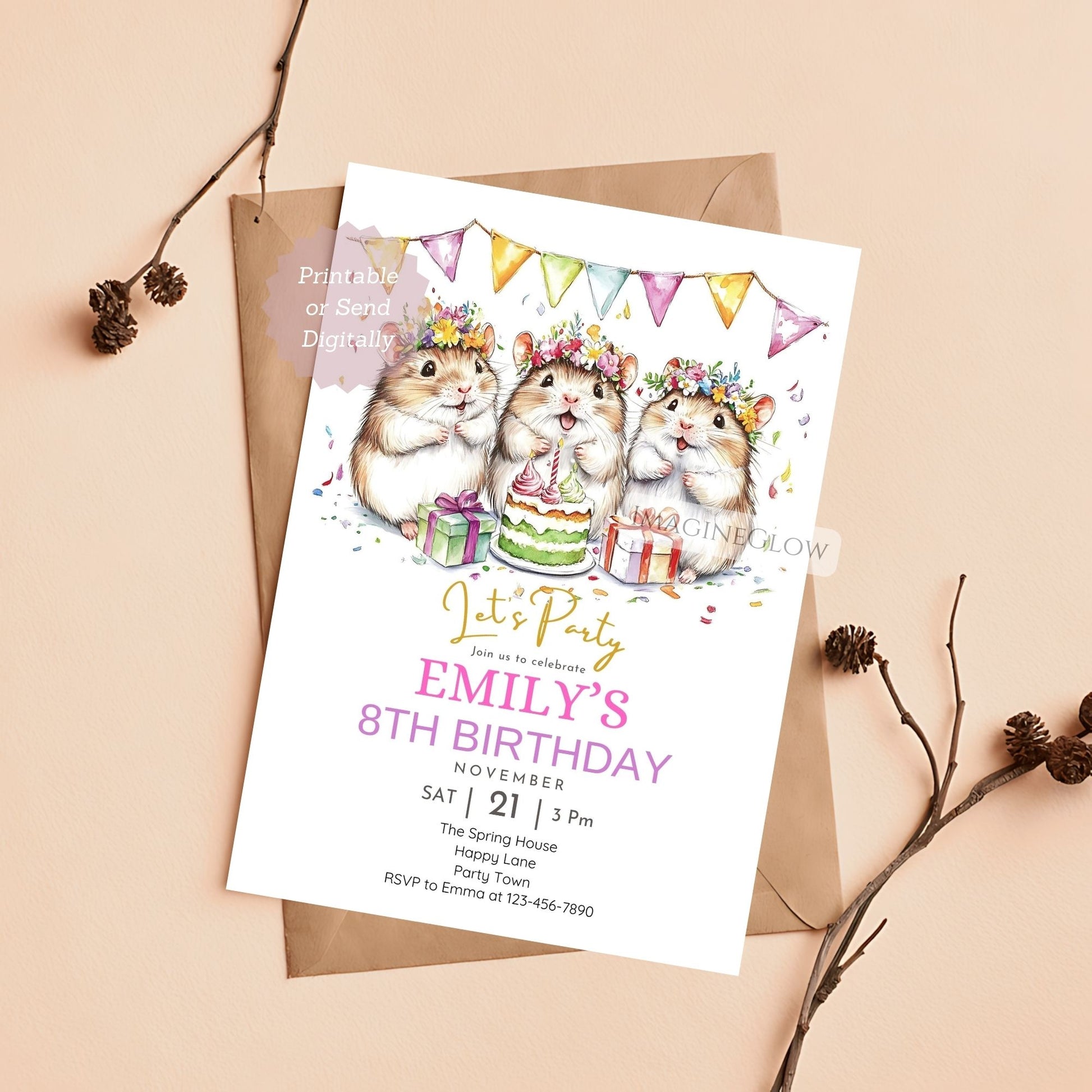 Hamster birthday invitation for kids
Cute pet party invite with hamster design