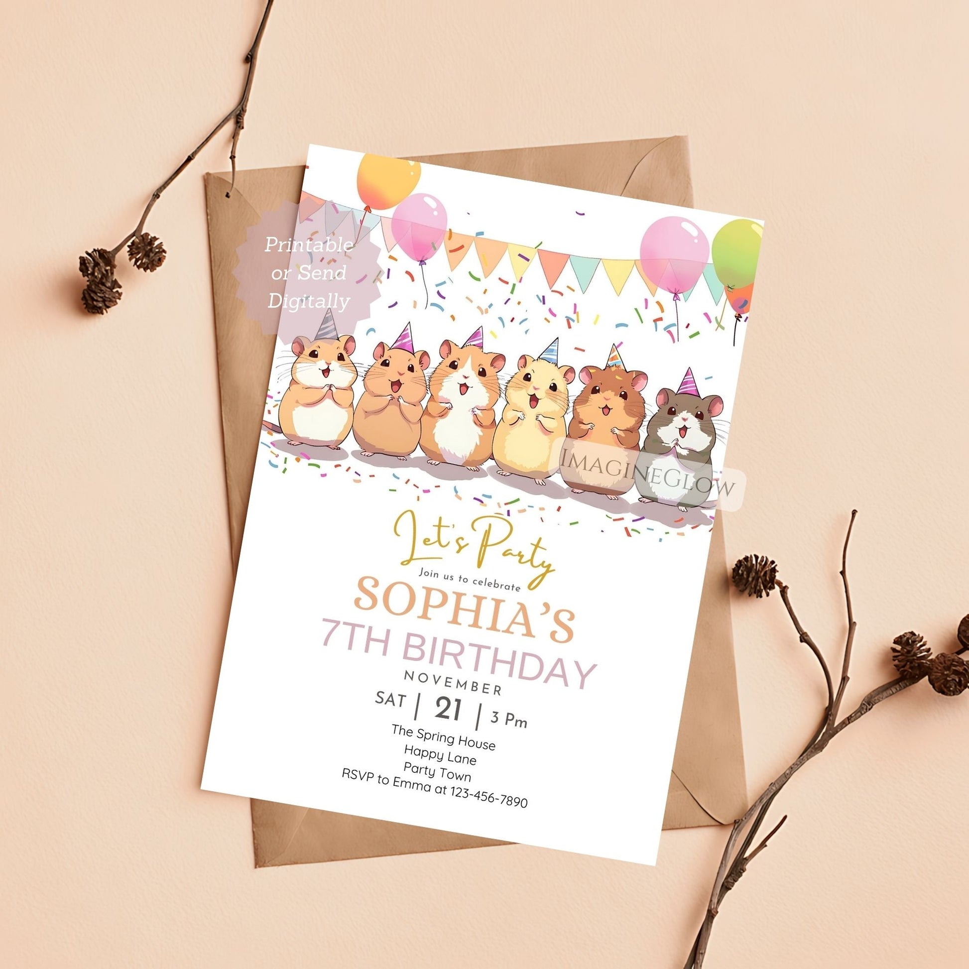Cute hamster birthday invitation for kids
Editable hamster party invite for children