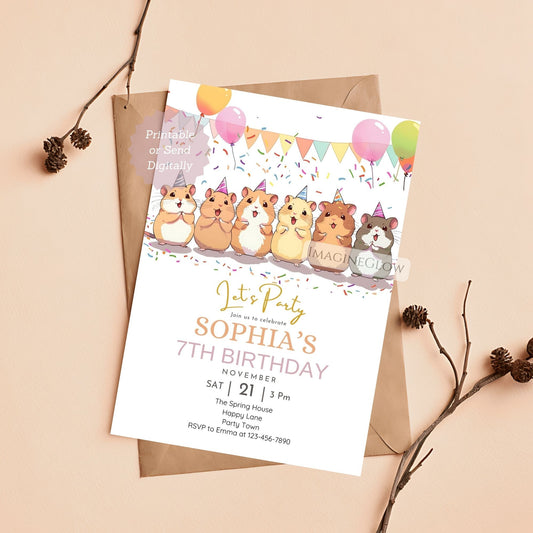 Cute hamster birthday invitation for kids
Editable hamster party invite for children