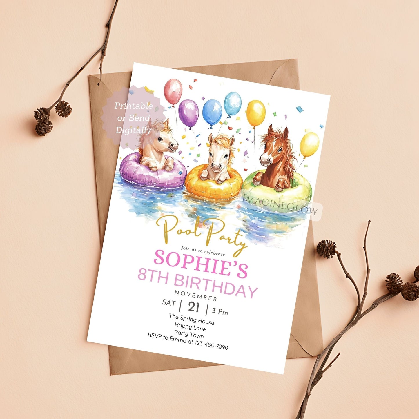 Horse pool party birthday invitation for kids