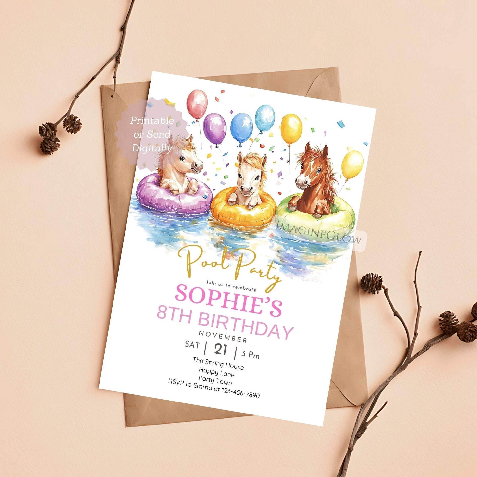 Horse pool party birthday invitation for kids