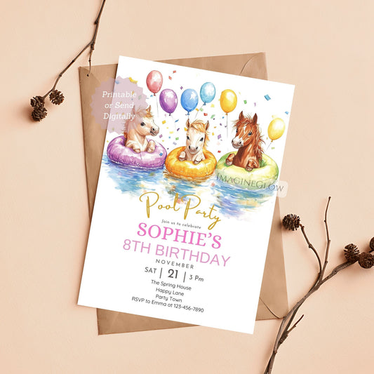 Horse pool party birthday invitation for kids
