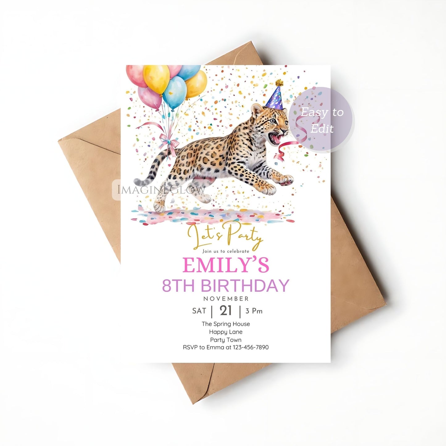 Leopard birthday invitation girl with wild animal theme