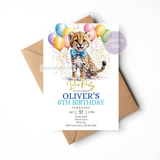 Leopard birthday invitation with wild animal theme