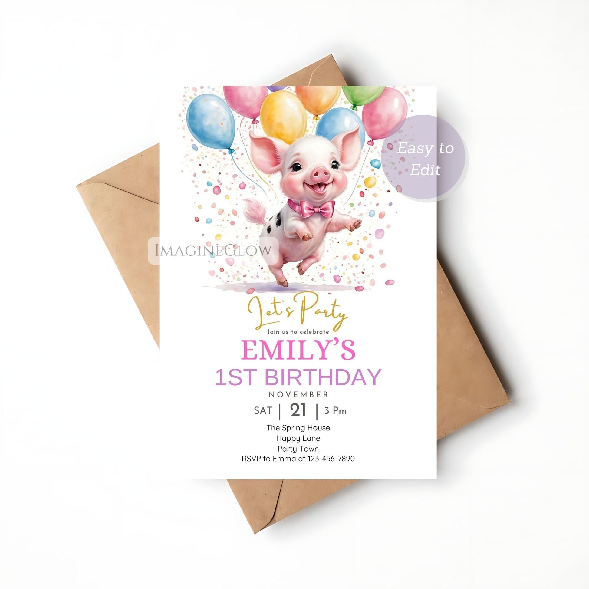 Editable farm animal birthday invite with piglet