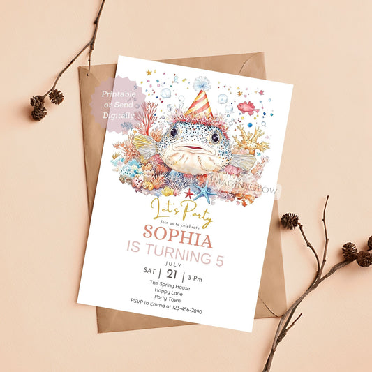 Pufferfish birthday invitation for kids