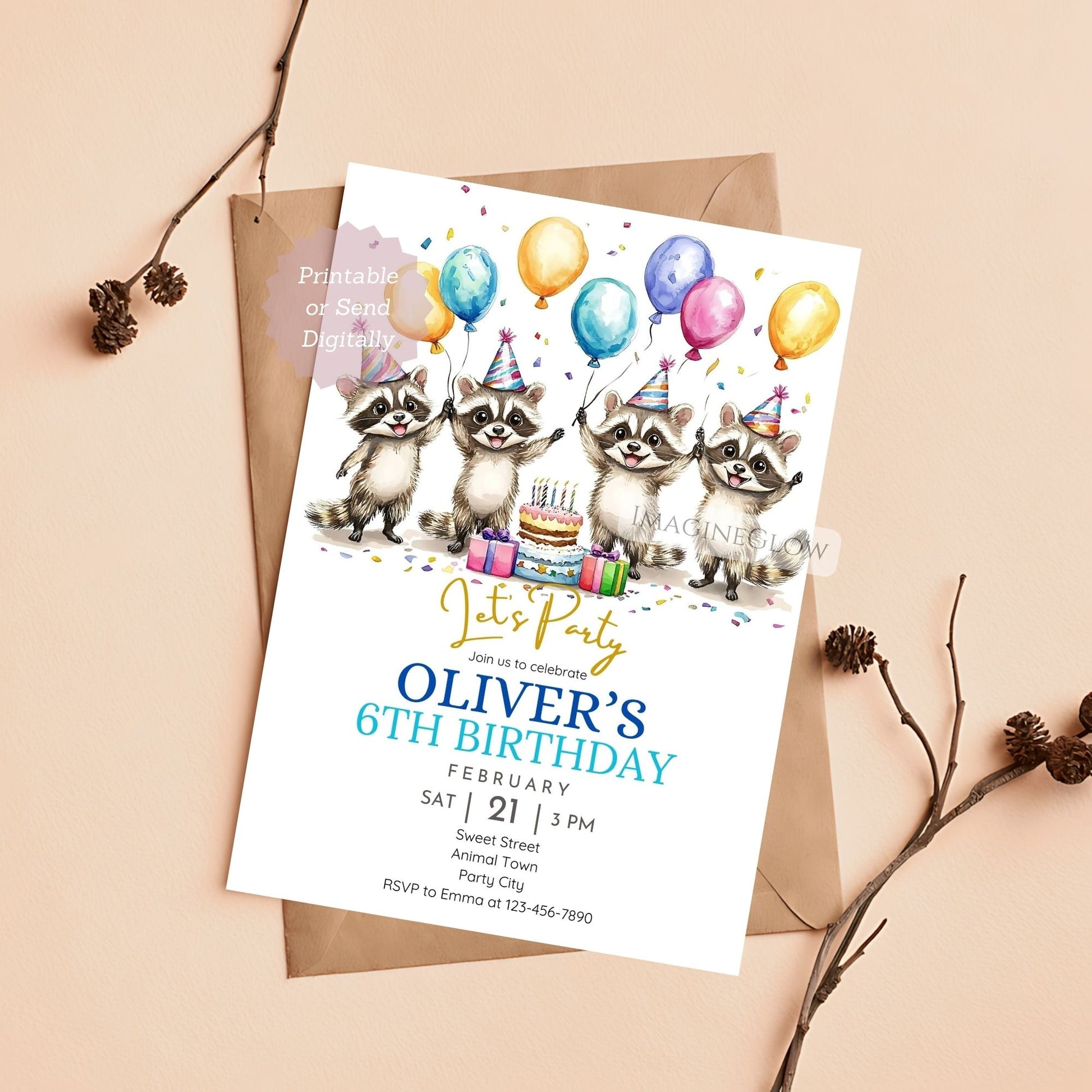 Raccoon birthday invitation for boy
Woodland raccoon party invite for boys