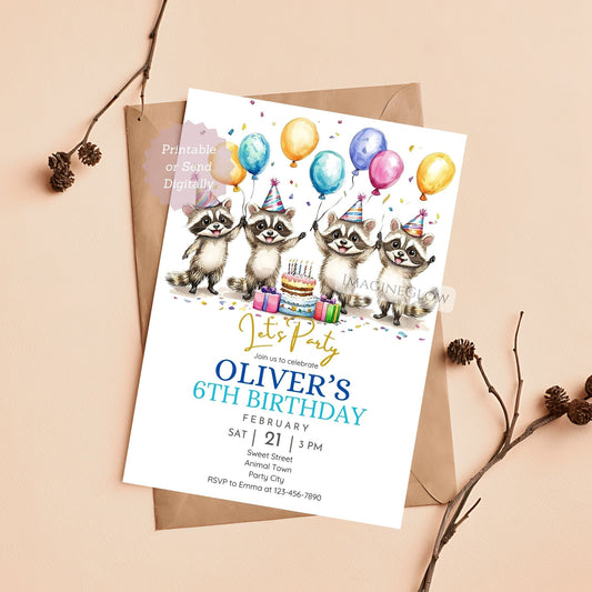 Raccoon birthday invitation for boy
Woodland raccoon party invite for boys