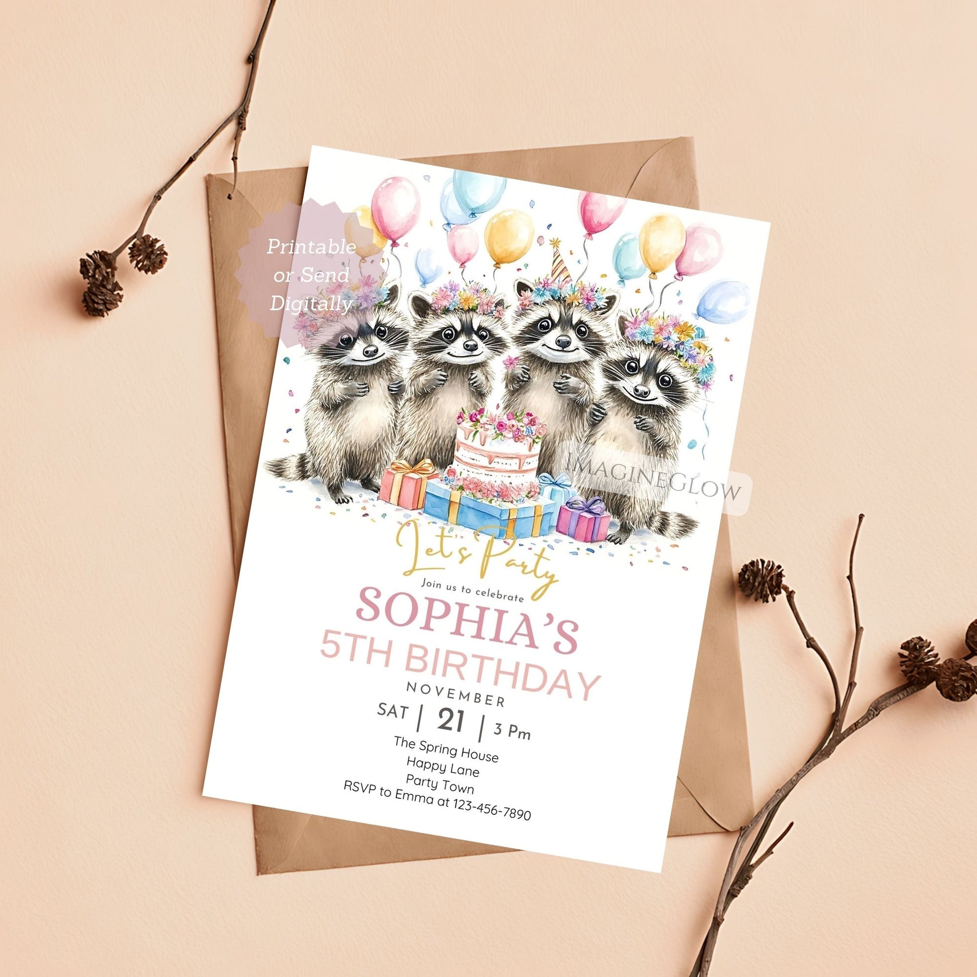 Raccoon birthday invitation woodland theme
