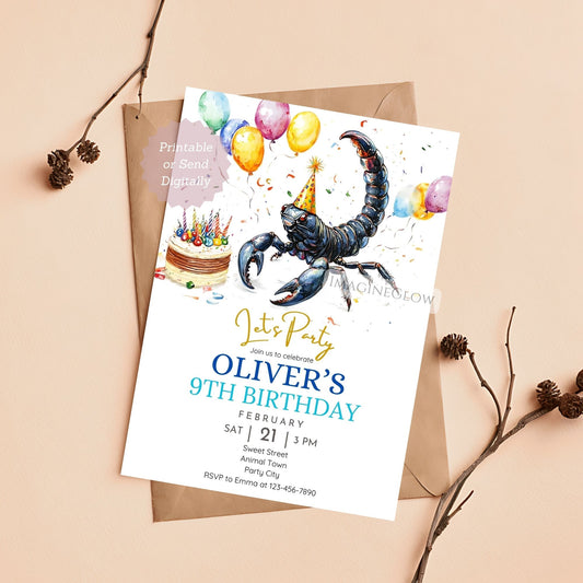 Scorpion birthday invitation for kids
