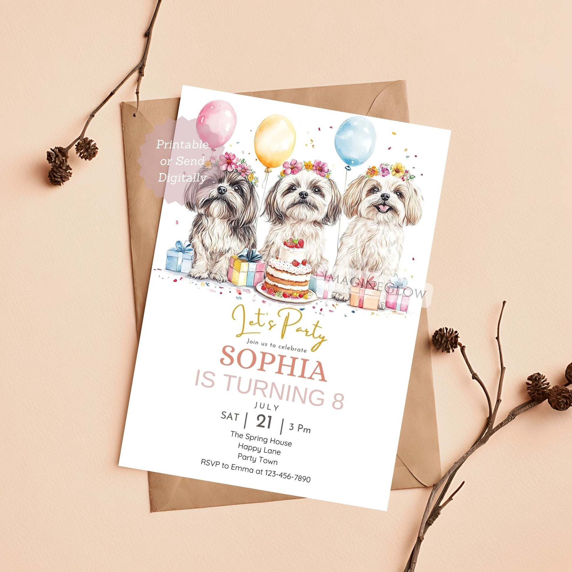 Girl dog birthday card with Shih Tzu
Pet-themed birthday invitation template