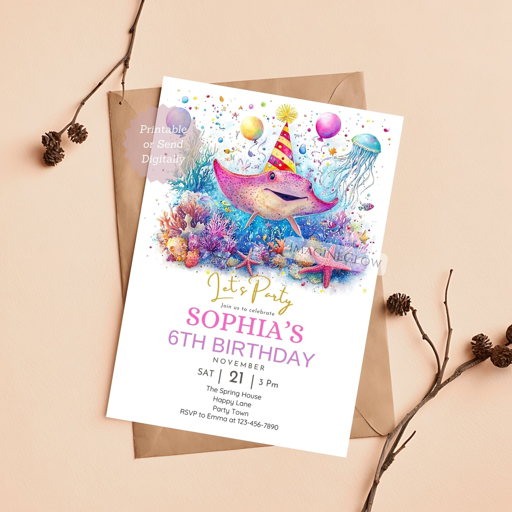 Stingray birthday invitation for ocean theme