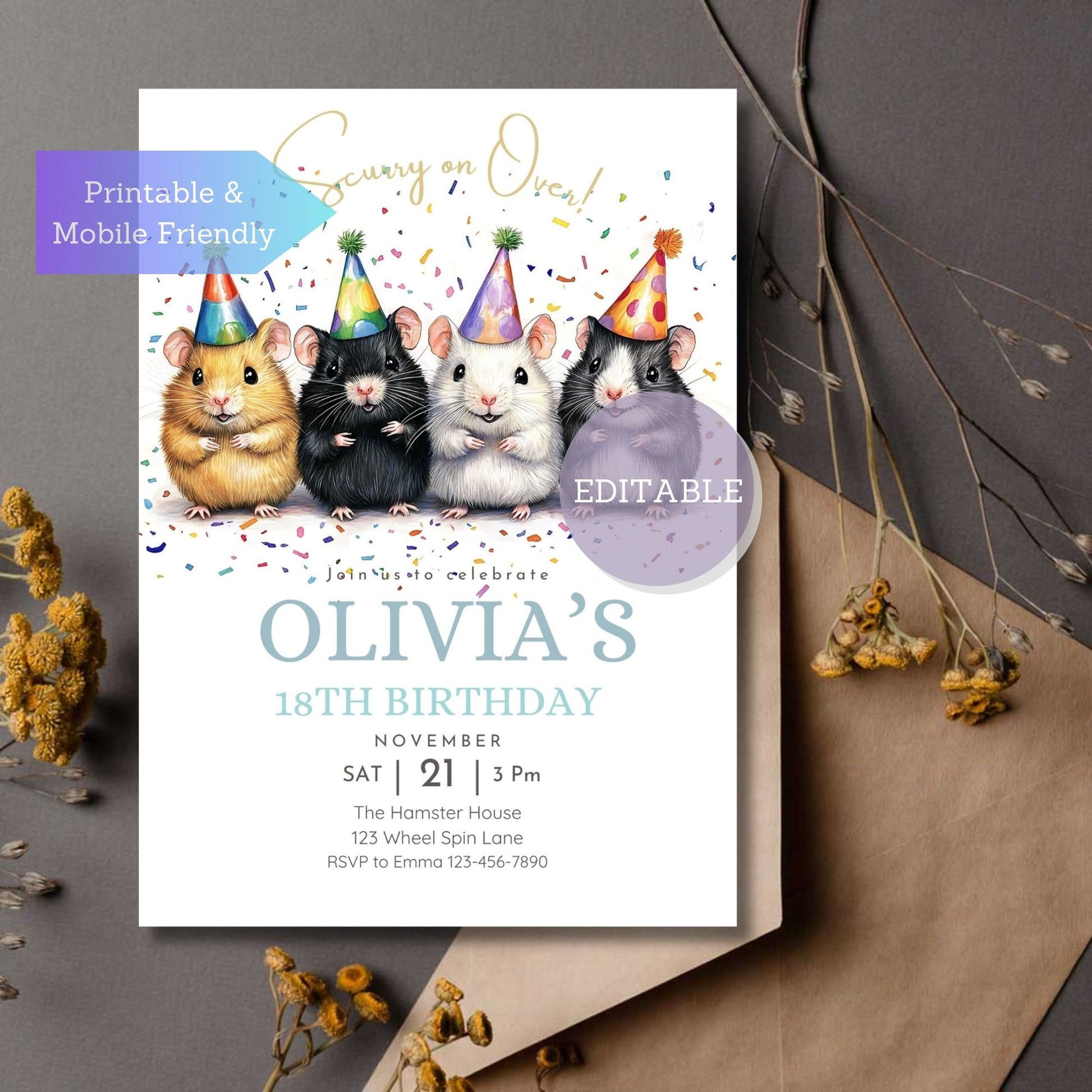 Editable hamsters birthday invitation template with animal party theme