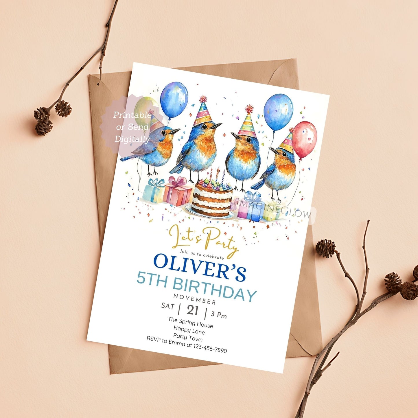 Whimsical bluebird invite with floral details
