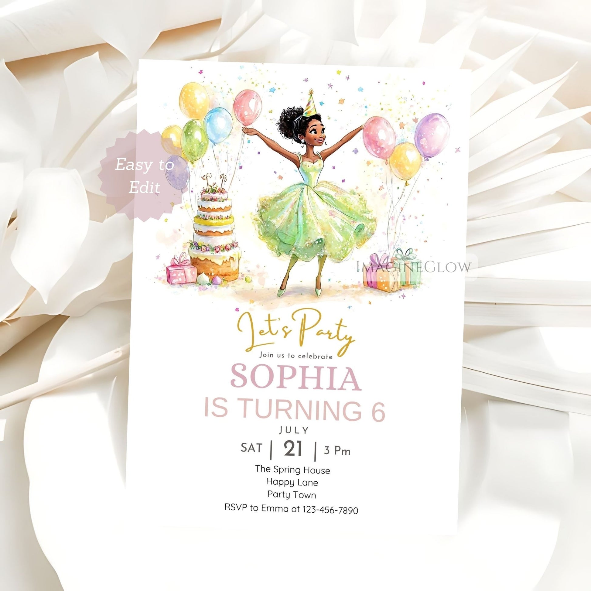 Green princess birthday invitation