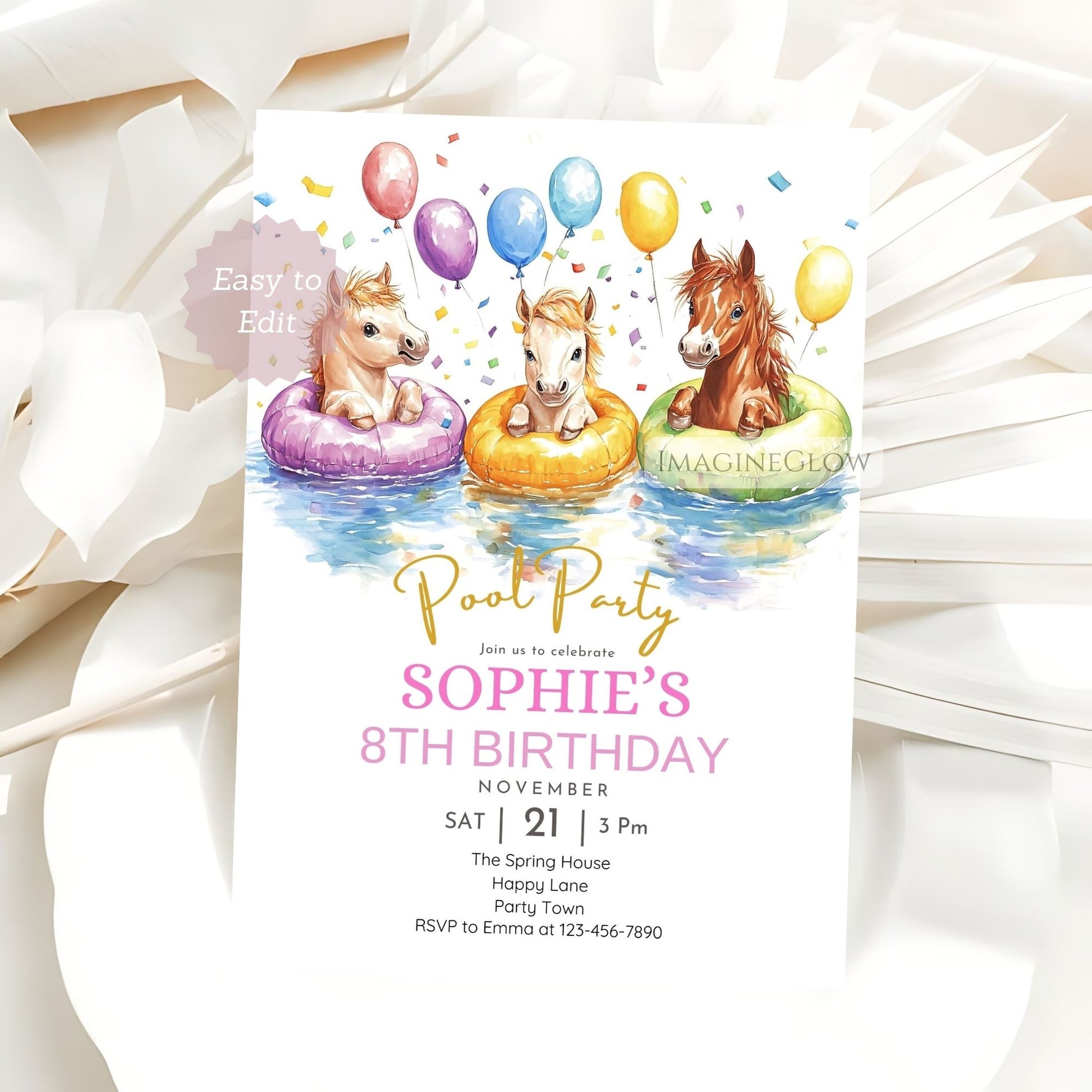 Cute pony birthday invite with beach floaties