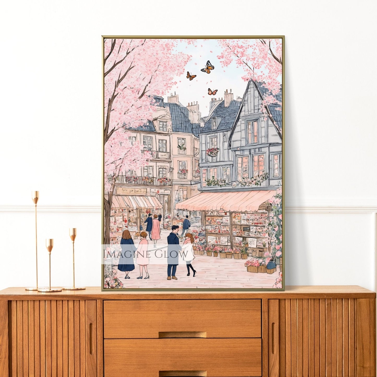 Hand-drawn spring town with blooming flowers and cobblestone streets.