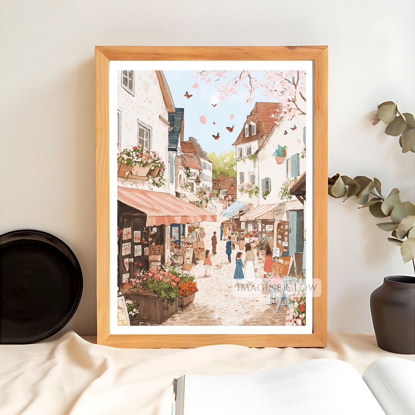 Blooming tulip and cherry blossom market in a pastel-colored town.
