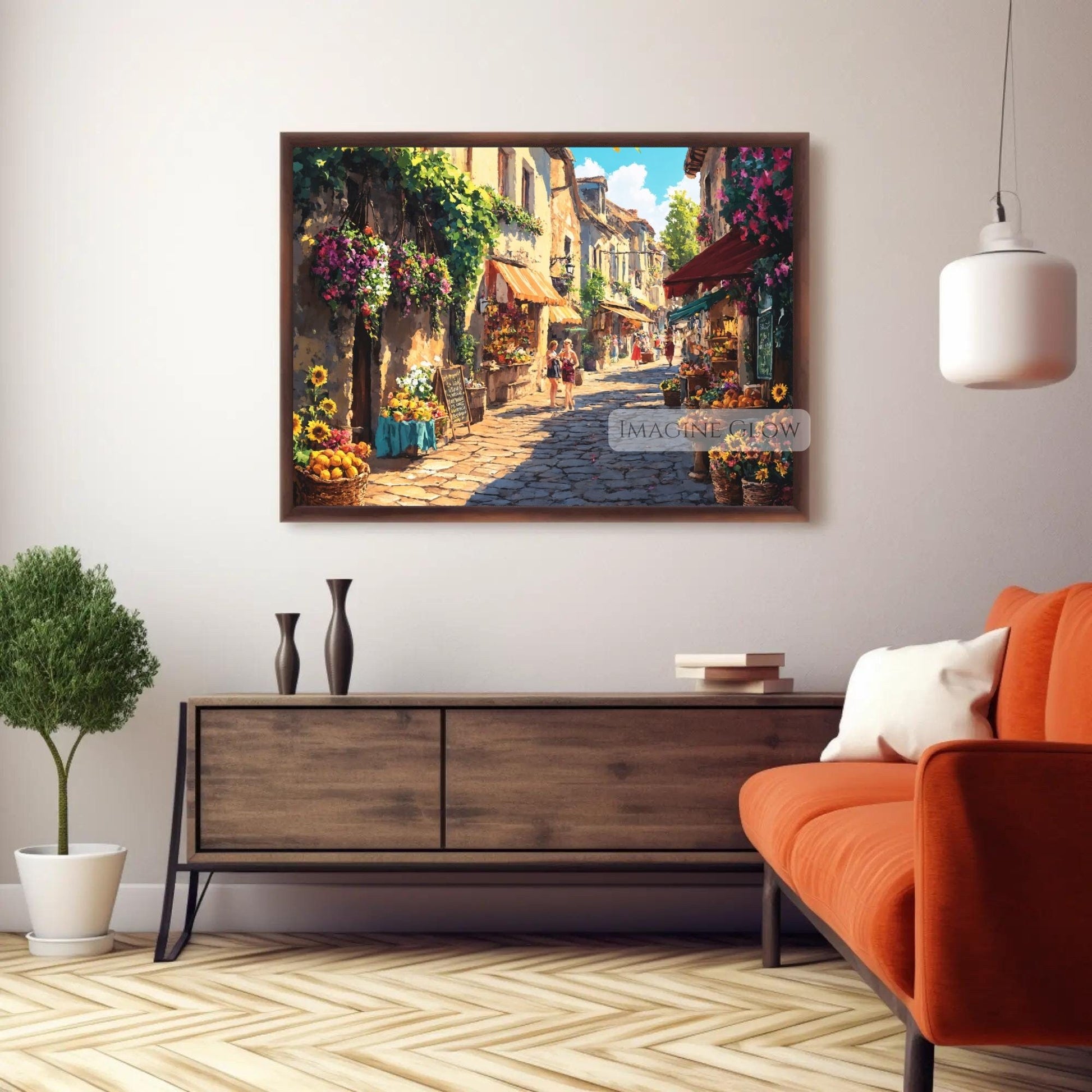 Whimsical summer street with cobblestone paths and lush floral displays.