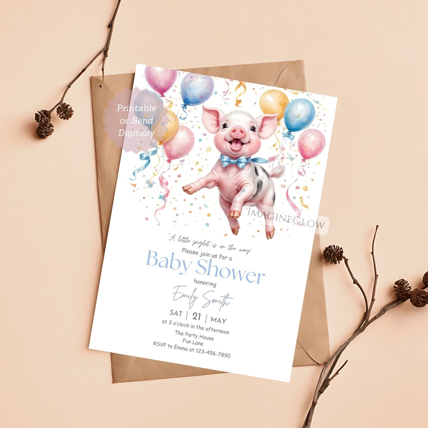 Little pig baby shower invite with a farm animal theme for boys and girls