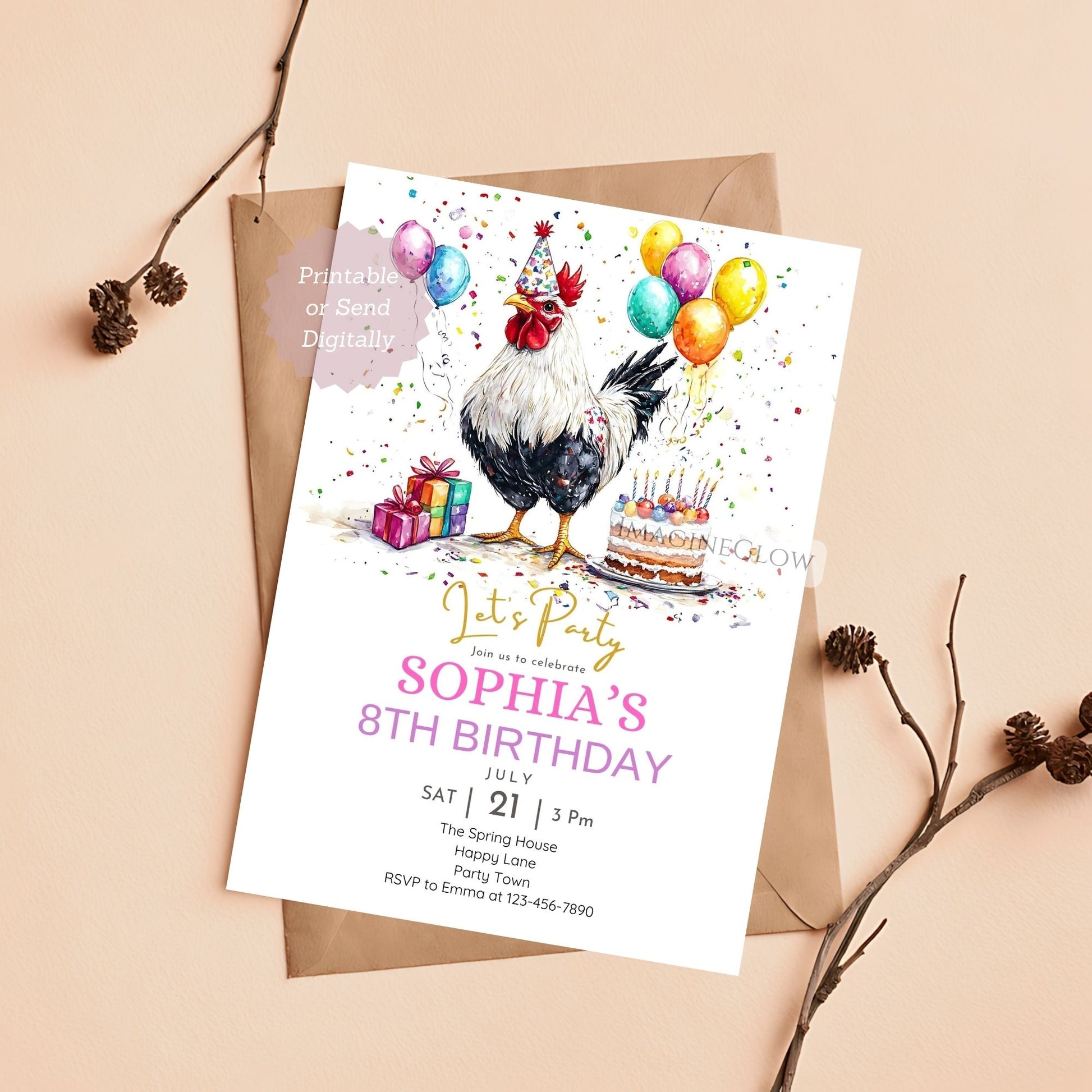 Chicken birthday invitation with hen and rooster