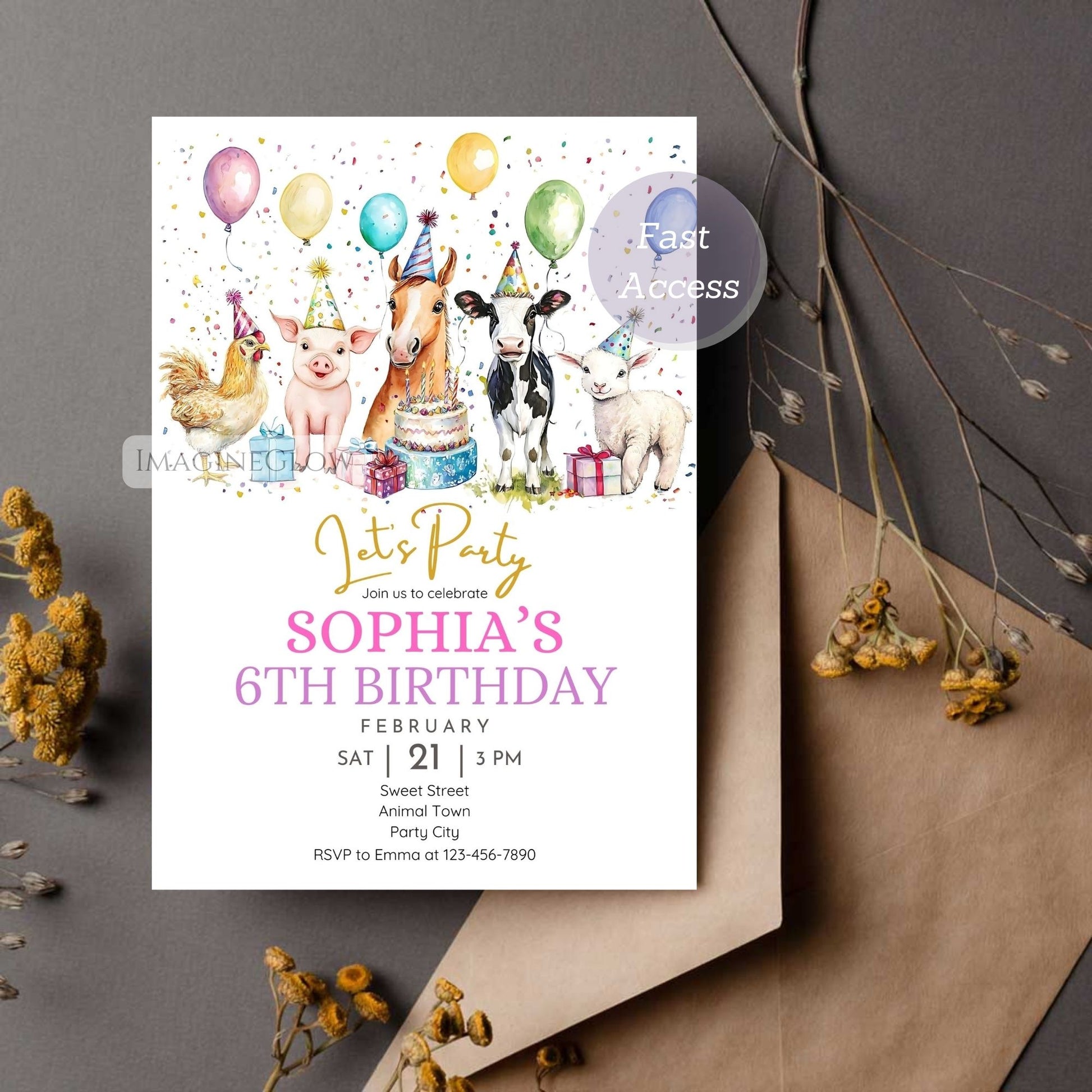 Editable farm birthday invitation horse pig lamb hen cow