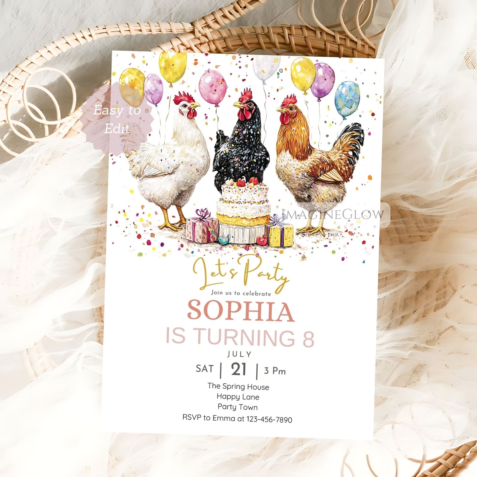 Printable farm party invitation with chickens