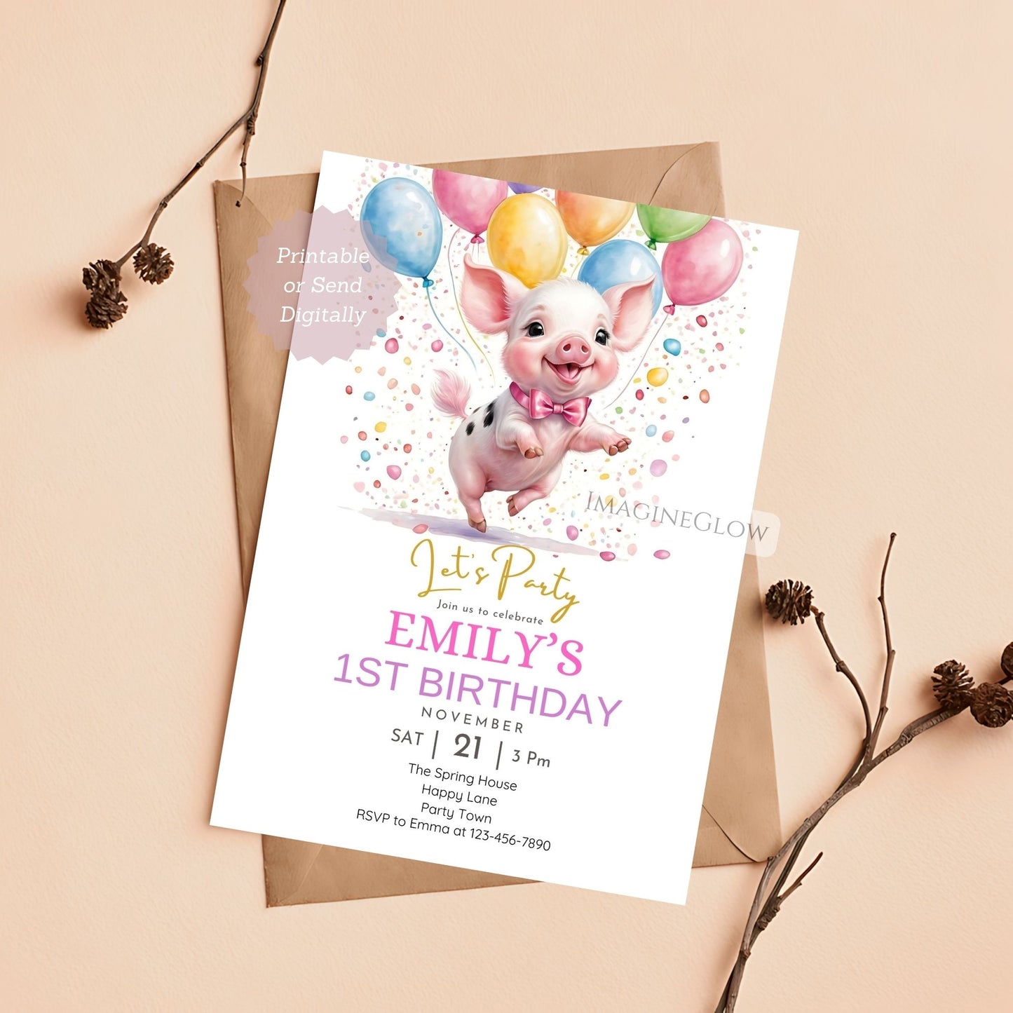 Pig birthday invitation with a cute piglet design