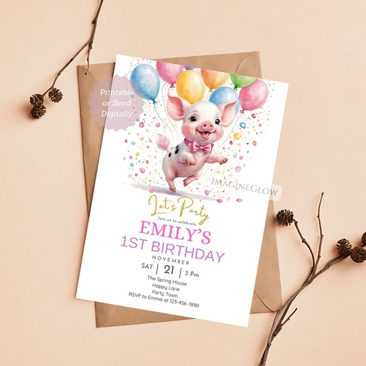 Pig birthday invitation with a cute piglet design