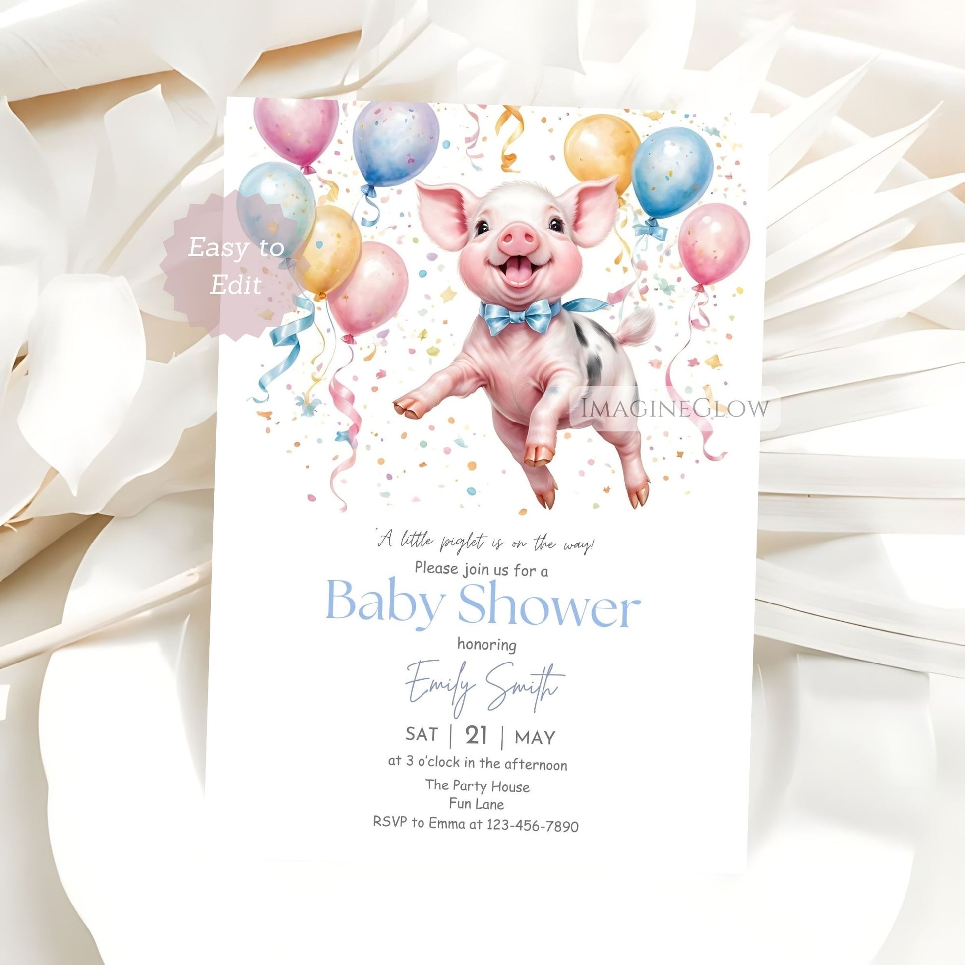 Editable baby shower invitation featuring an adorable piglet