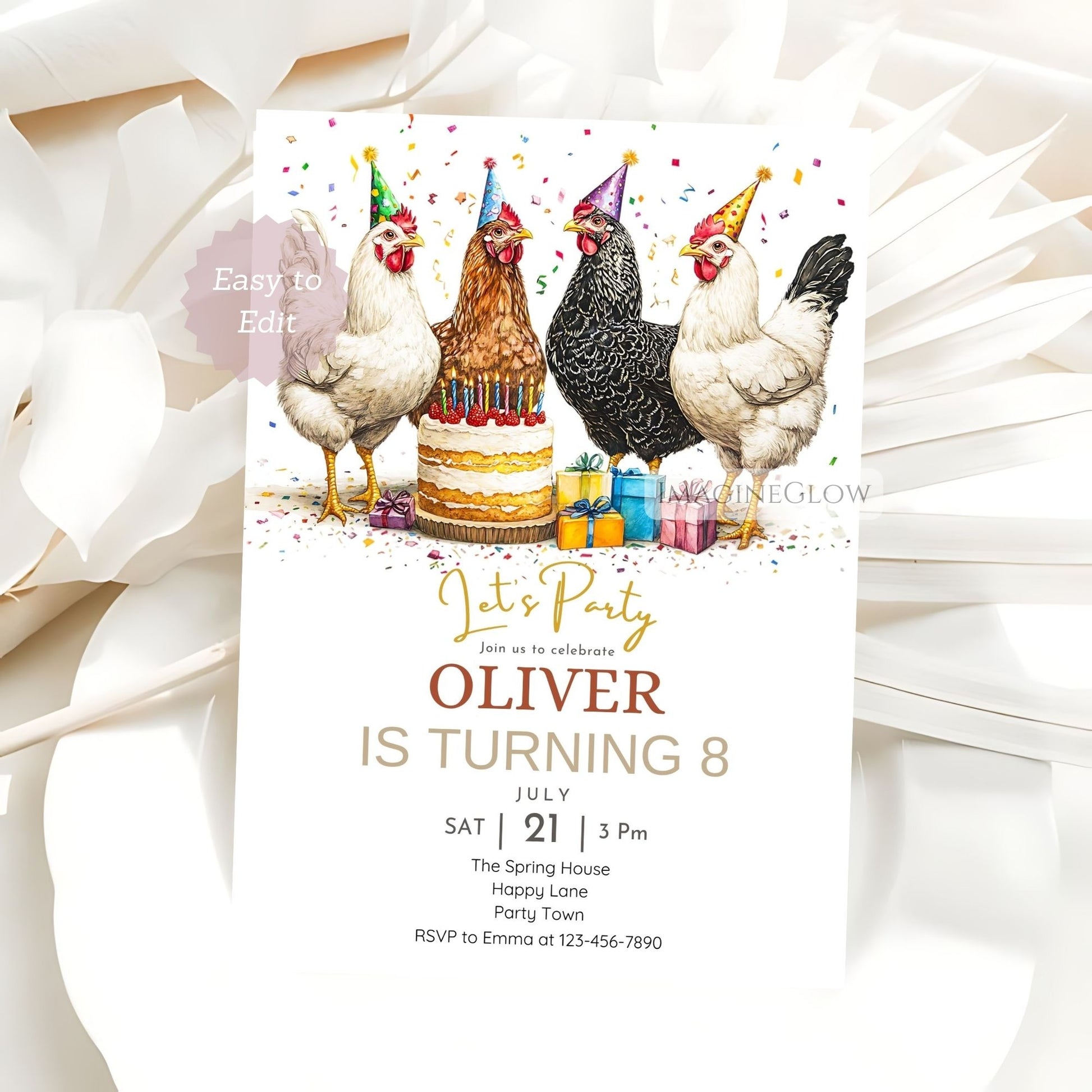 Country-style birthday invite with rooster
Farmyard theme birthday card for toddlers