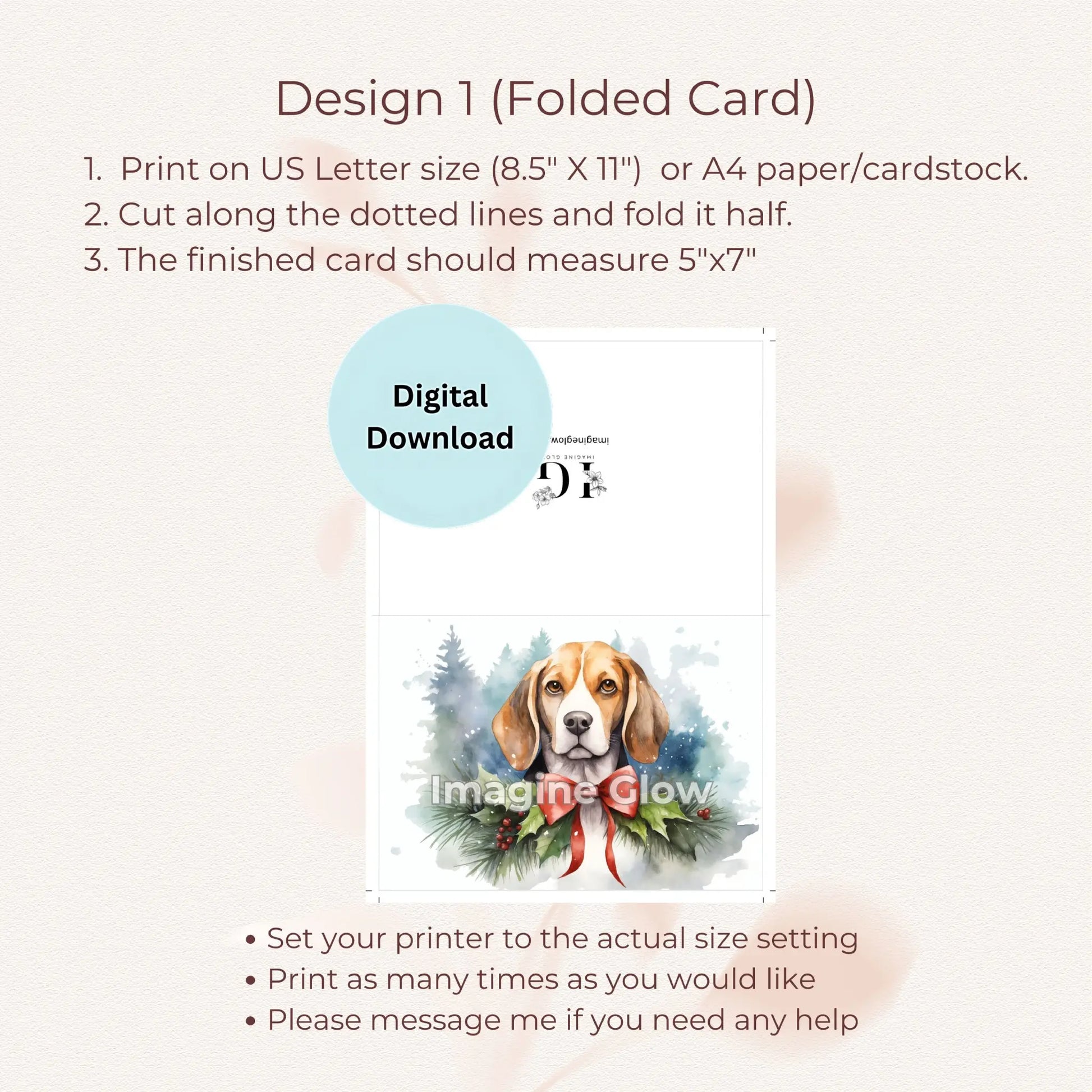 Festive Christmas dog card featuring a Beagle, available as a printable greeting card