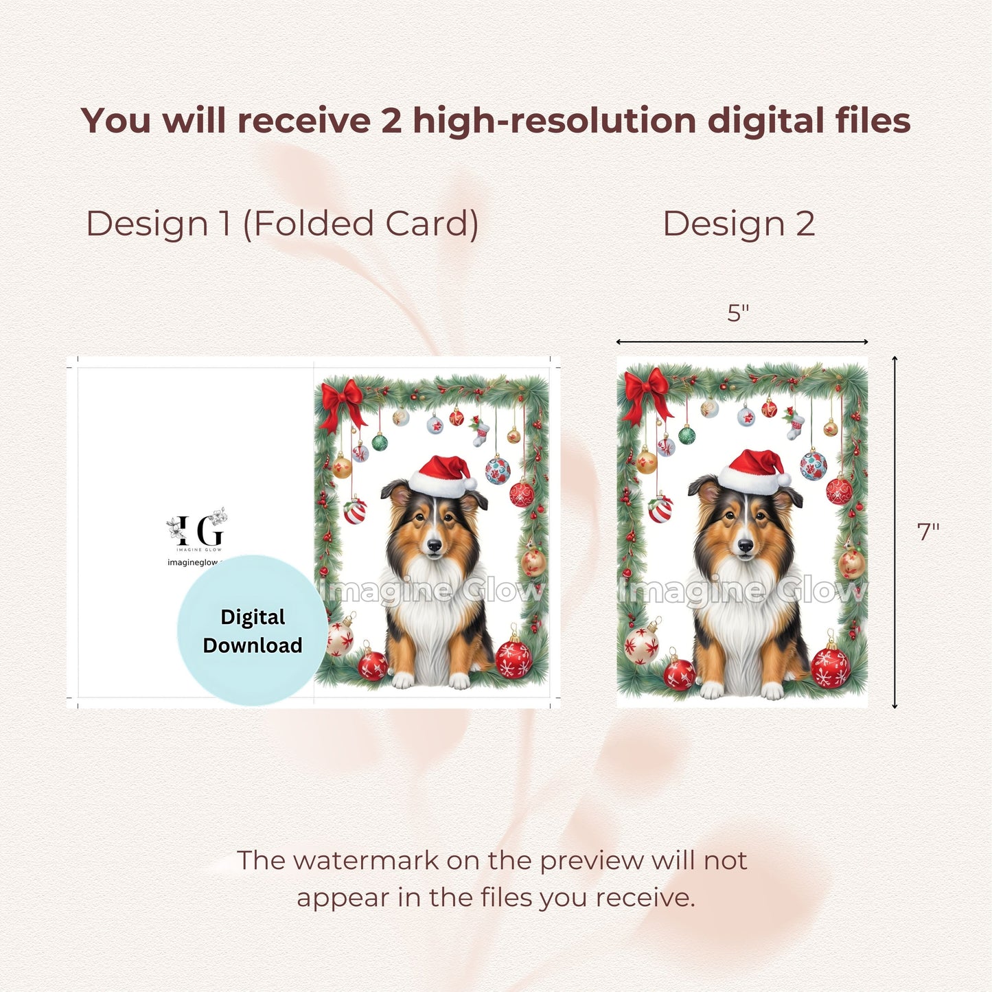 Festive Rough Collie Dog Christmas card, printable for easy use.